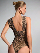 Women's Summer Asymmetrical Neck Sleeveless Fitted Leopard Print Bodysuit